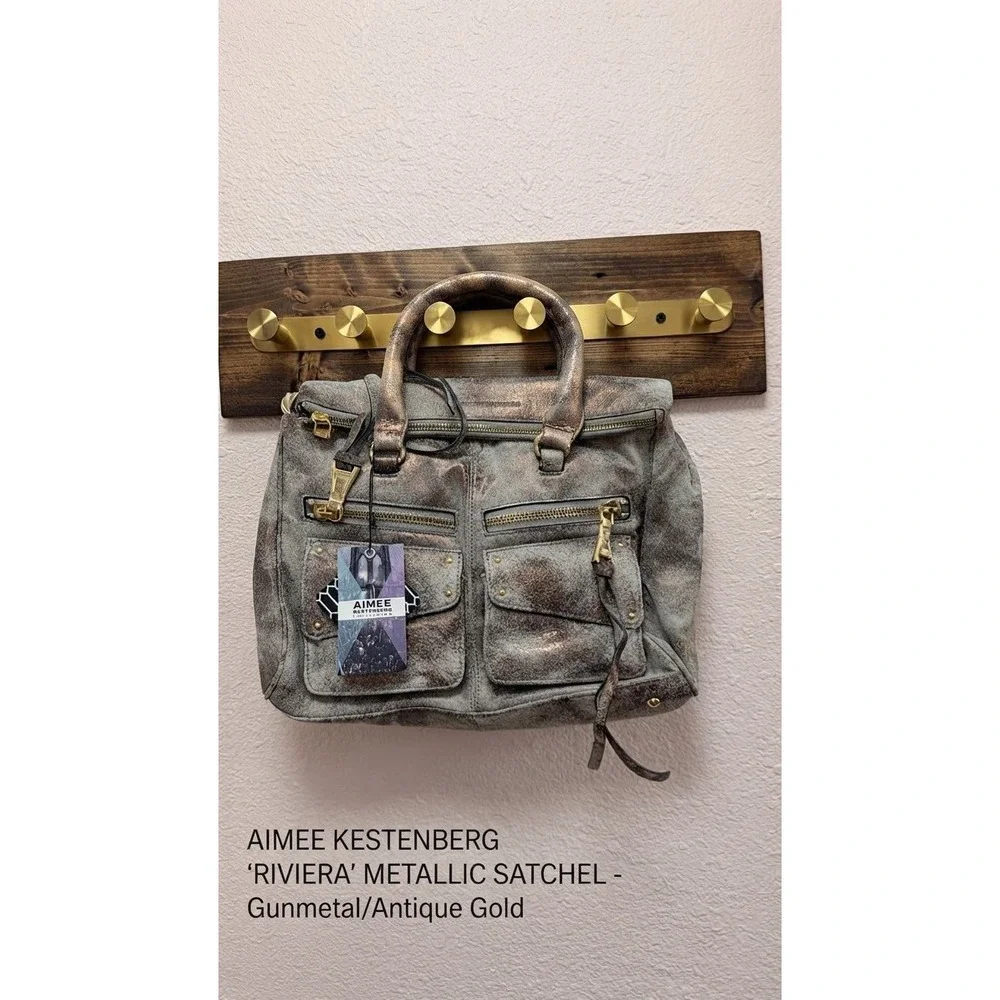 Aimee Kestenberg Women Riviera Satchel Gunmetal Leather Distressed Metallic